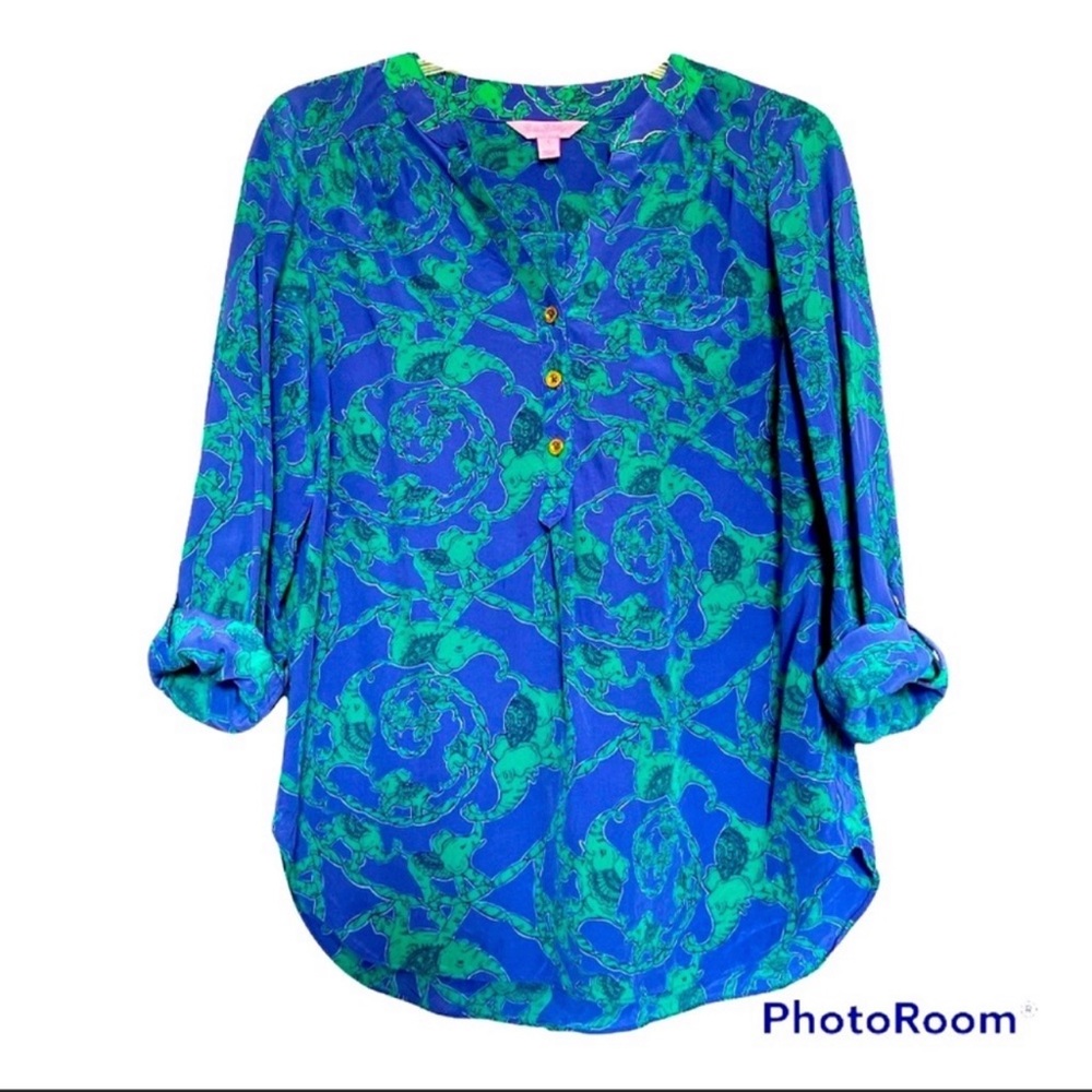 Lilly Pulitzer Blue Green Elephant Design Silk Top Blouse